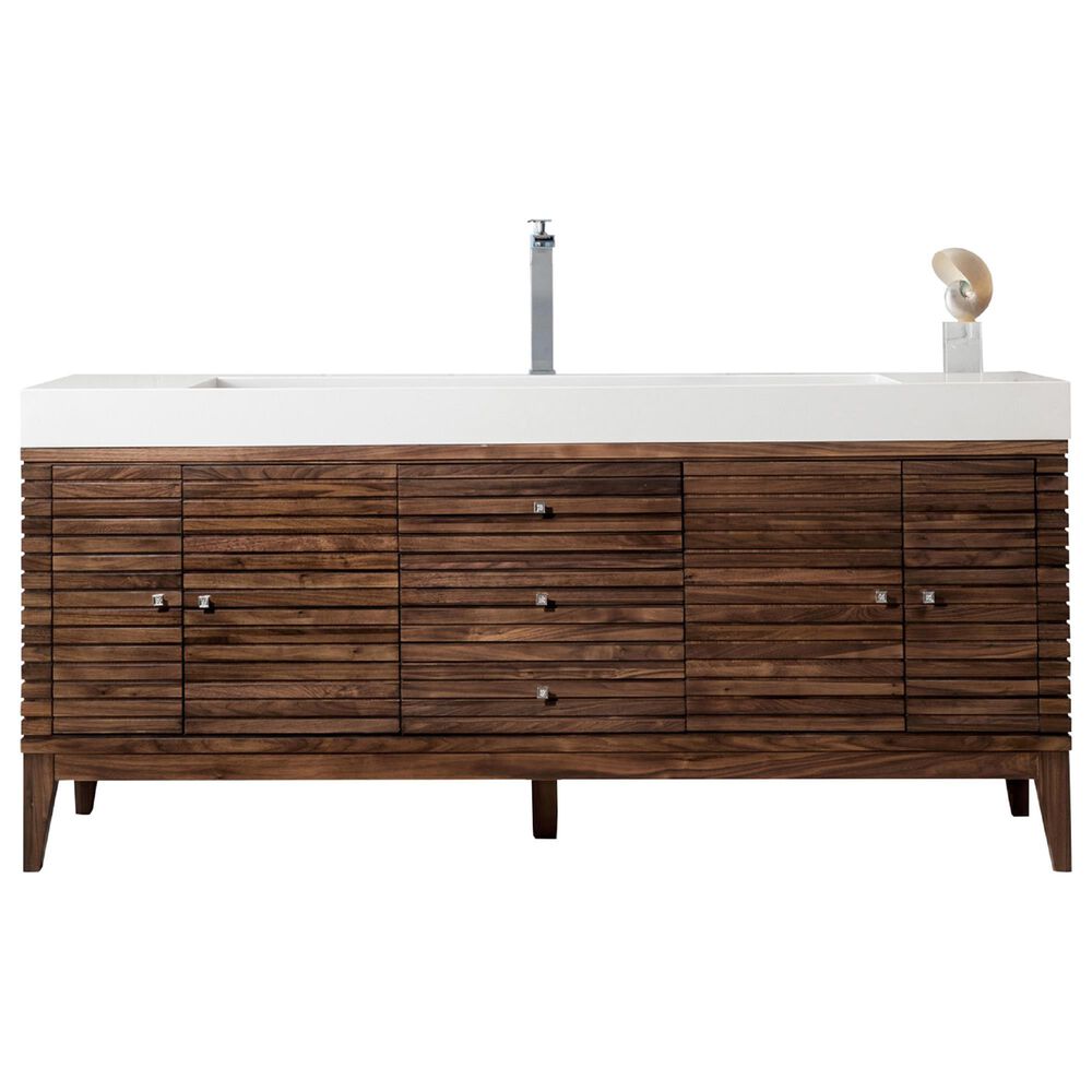 James Martin Vanities Linear 72" Single Bathroom Vanity in Mid Century Walnut with 10 cm Glossy White Solid Surface Top and Rectangular Sink, , large