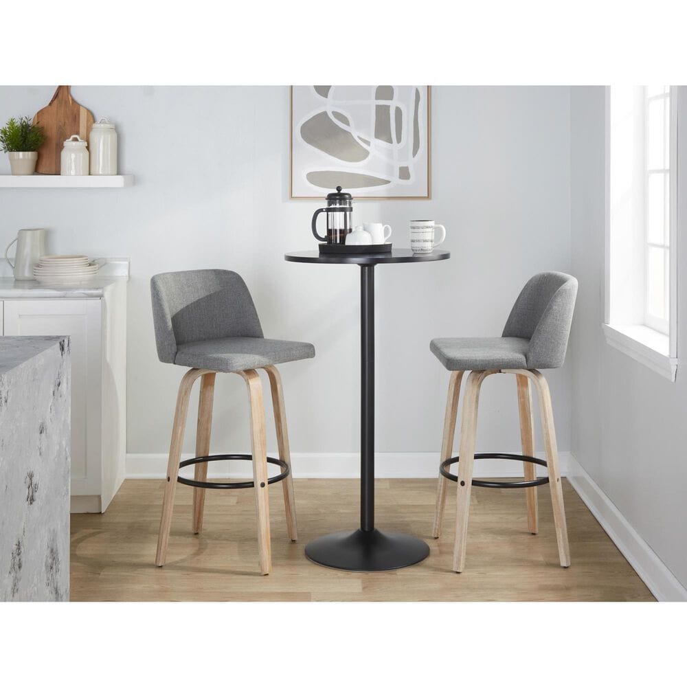 LumiSource Toriano Swivel Bar Stool with Grey Fabric Upholstery in Whitewashed and Black (Set of 2), , large