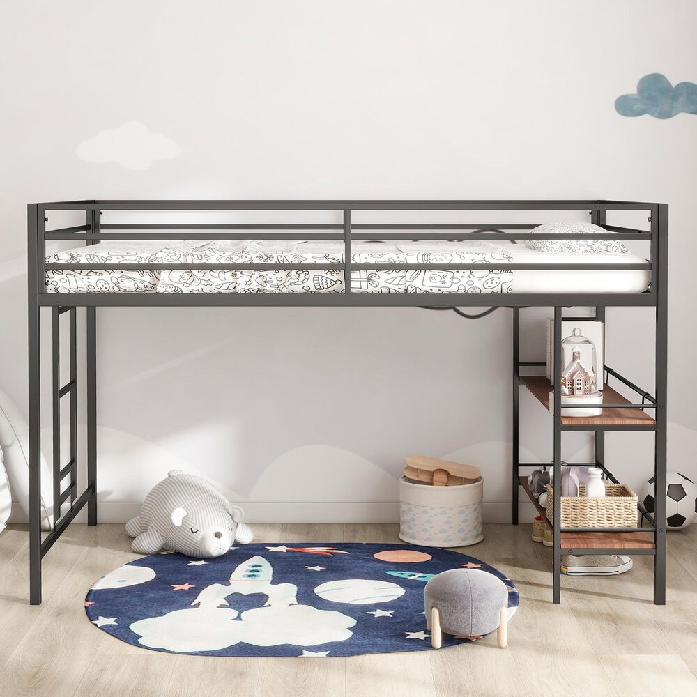 Hearth and Haven Adam Twin Loft Bunk Bed with Cinnamon Wood Shelf in Black, , large