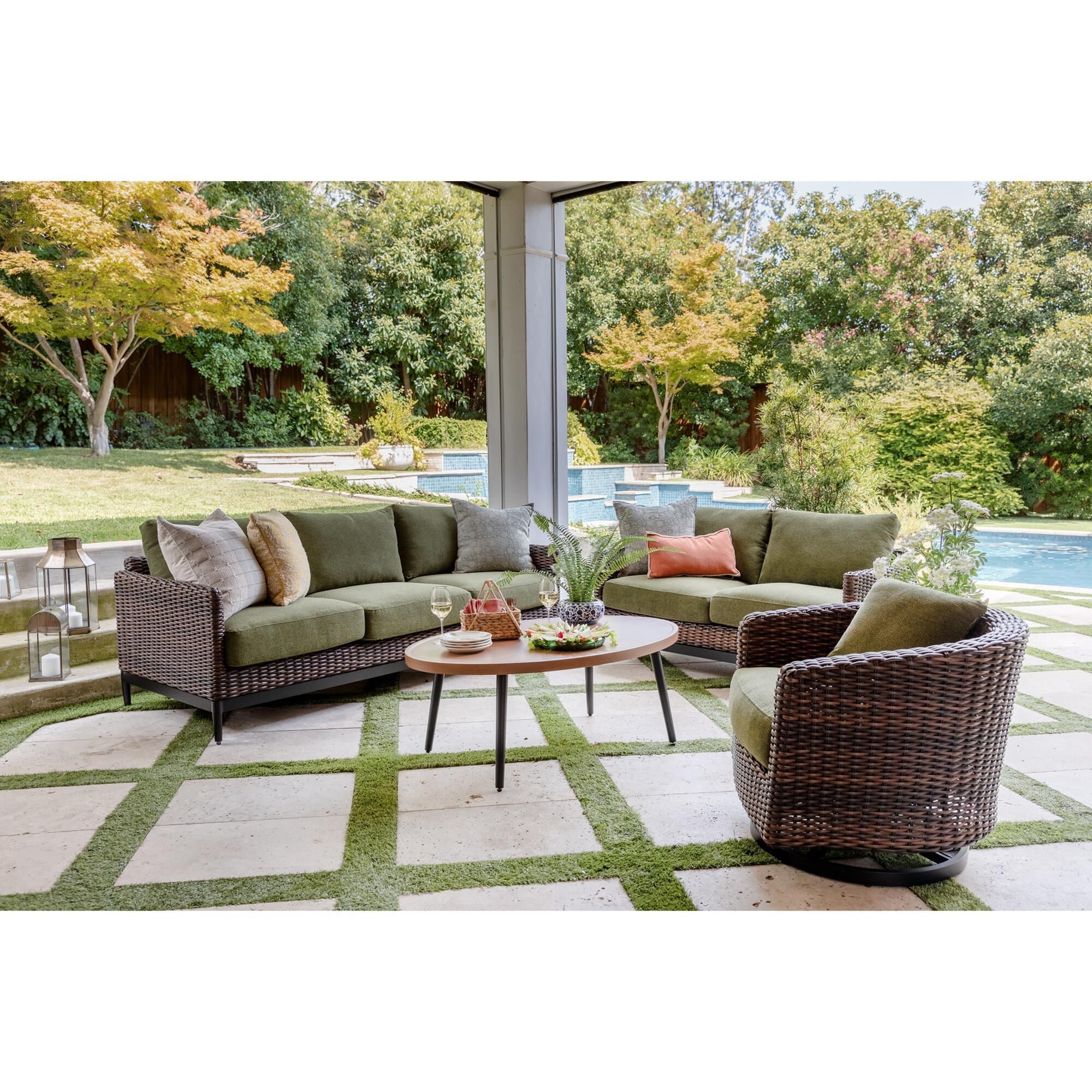 Ashley Horizon Hall Outdoor Sofa with Green Cushion in Brown