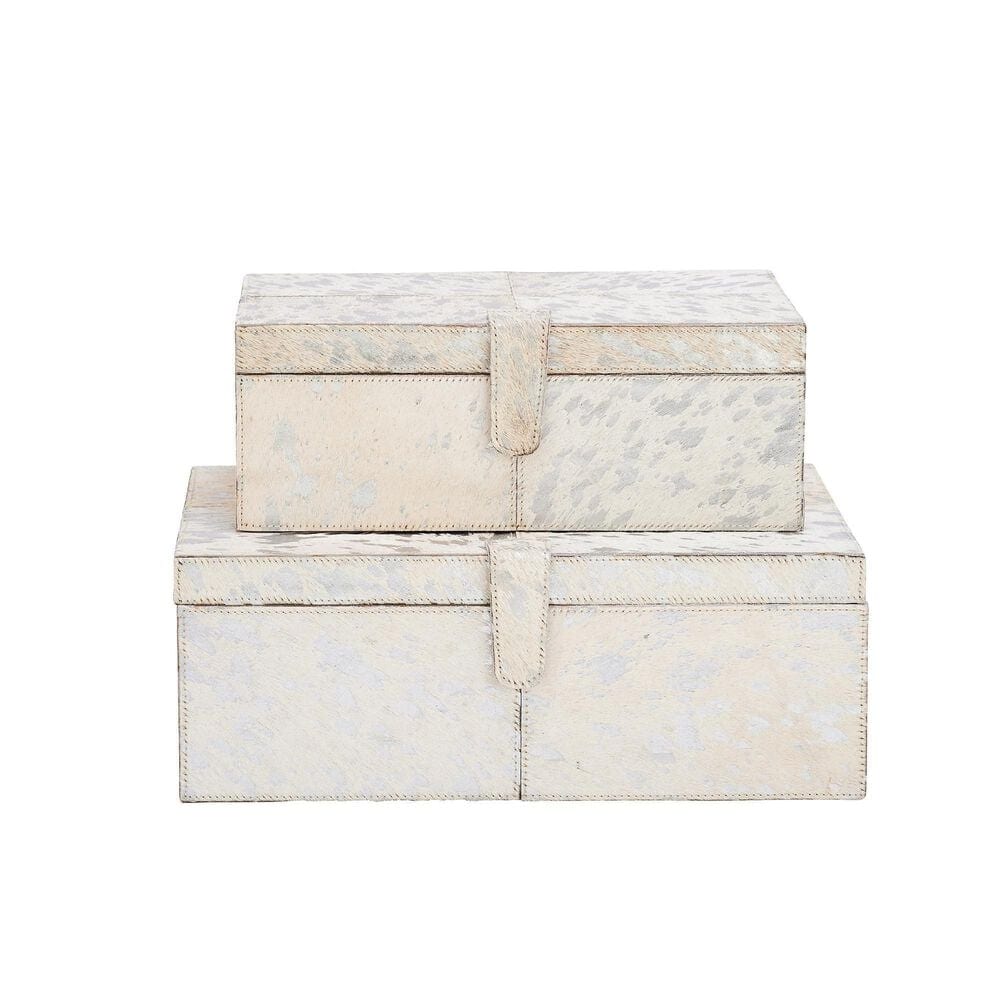 Maple and Jade 2-Piece Handmade Cowhide Storage Decorative Box Set in Silver, , large