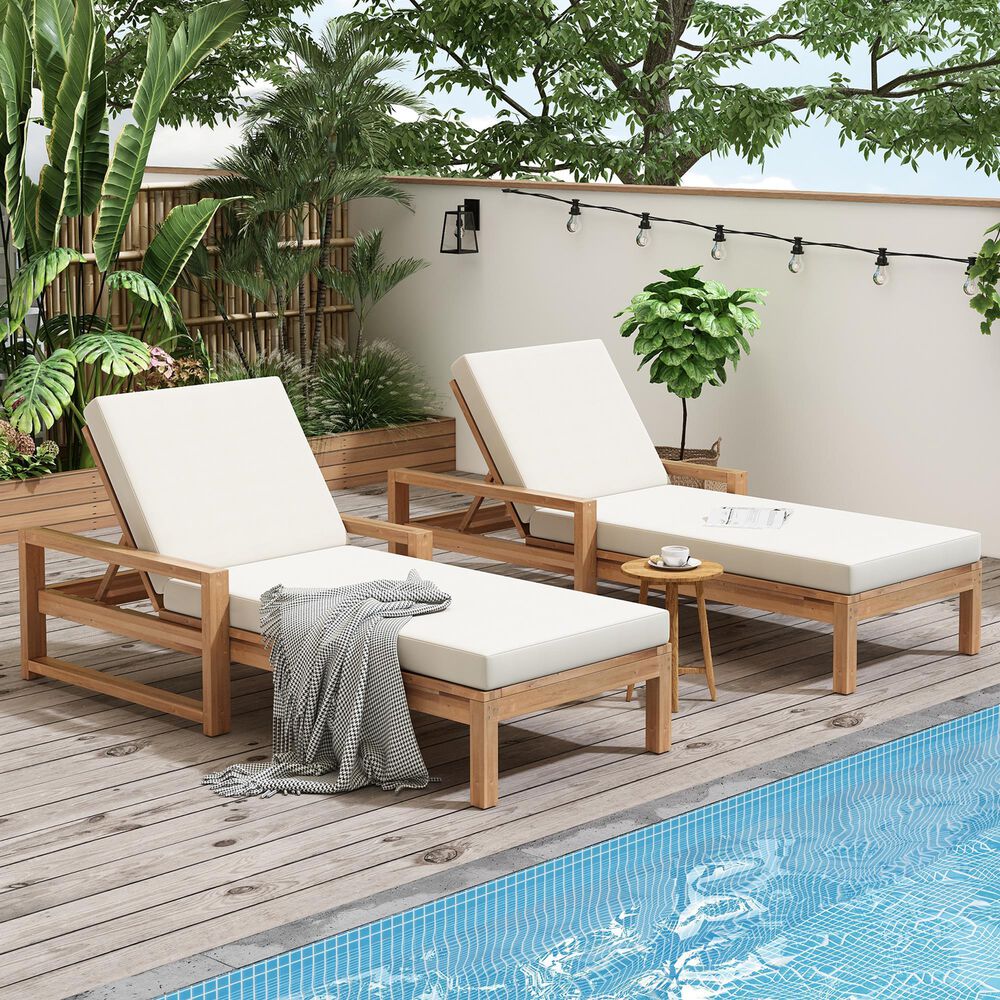 HOMLUX Adjustable Outdoor Chaise Lounge with Armrests and Light Teak Frame in Beige (Set of 2), , large