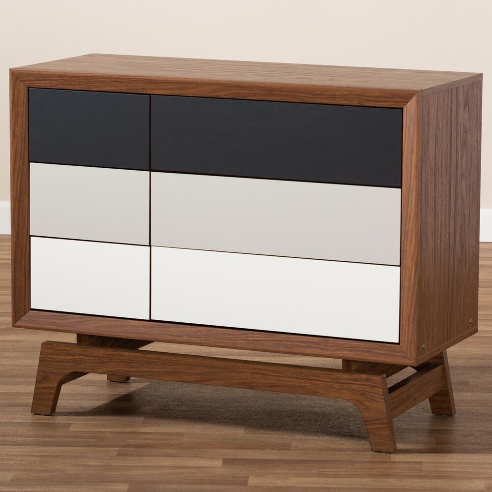 Baxton Studio Svante 6-Drawer Dresser in Walnut Brown, Dark Grey, Light Grey and White, , large