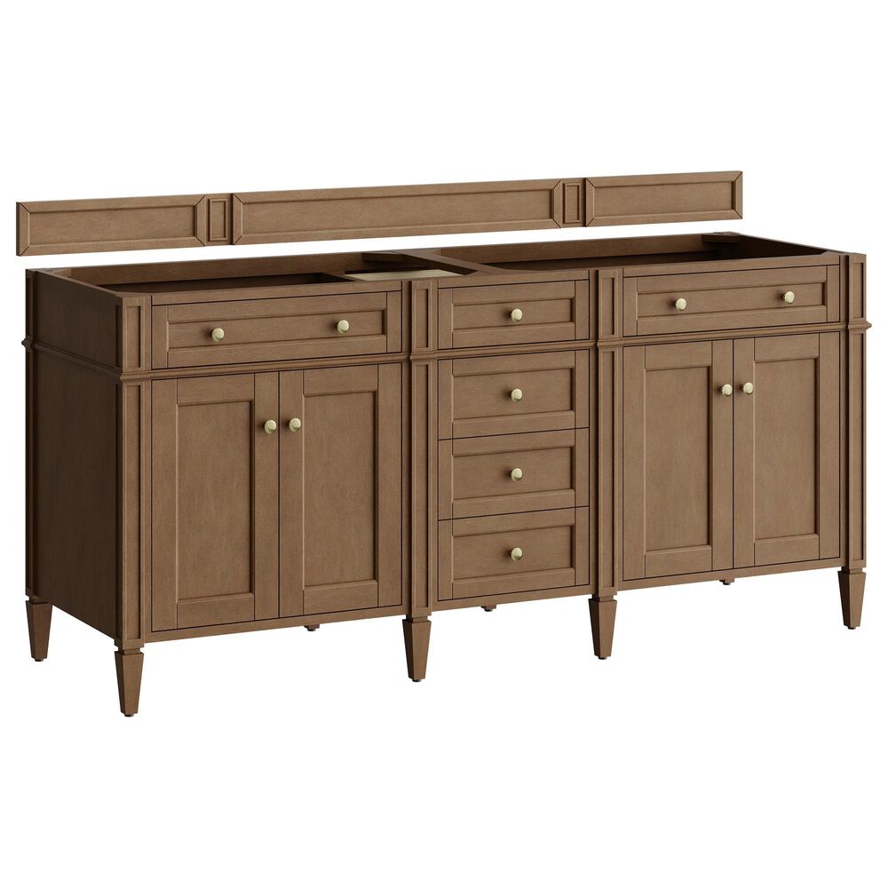 James Martin Brittany 72" Double Bathroom Vanity in Pecan with 3 cm Carrara Marble Top and Rectangular Sinks, , large