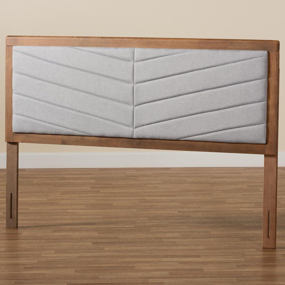 Baxton Studio Iden Queen Panel Headboard with Light Grey Fabric in Walnut Brown, , large