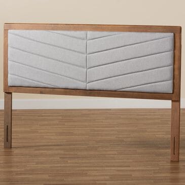 Baxton Studio Iden King Panel Headboard with Light Grey Fabric in Walnut Brown, , large