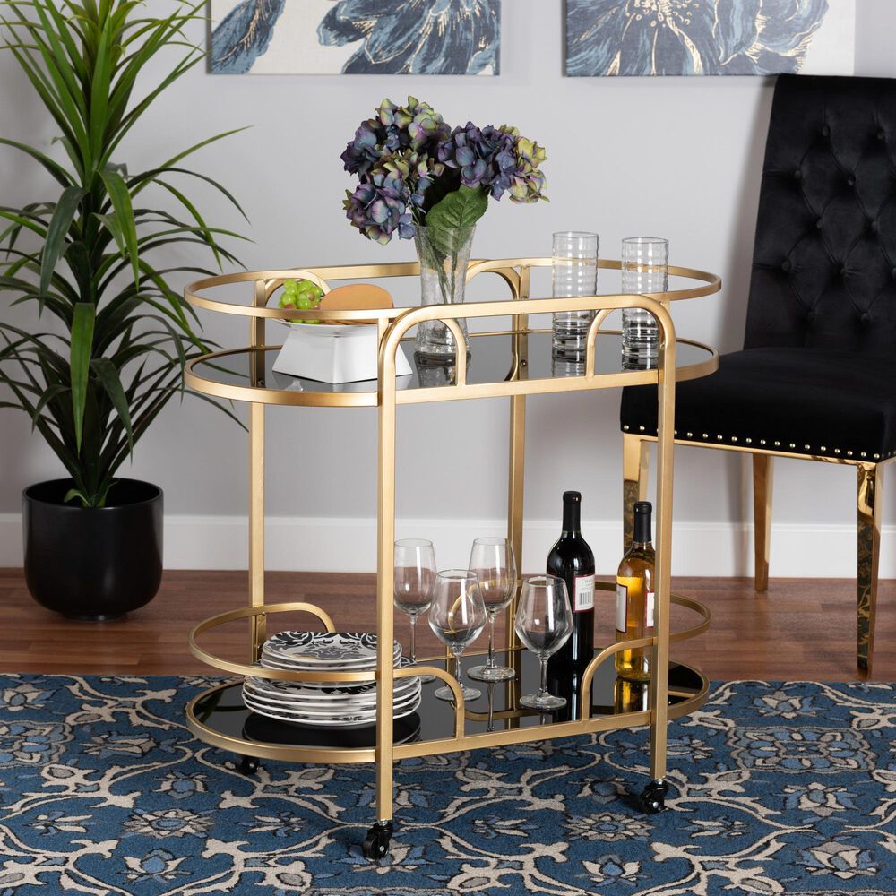 Baxton Studio Leighton 2-Tier Wine Cart in Gold, , large