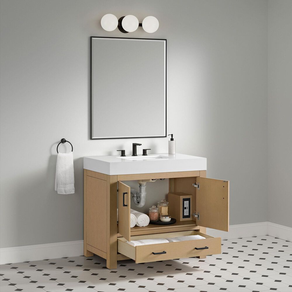 37B Alanya 36" Single Bathroom Vanity in Warm Oak with White Composite Stone Top, , large