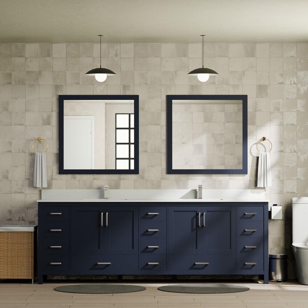 Lexora Home Jacques 84" Double Bathroom Vanity in Navy Blue with 2 cm White Quartz Top and Rectangular Sinks, , large