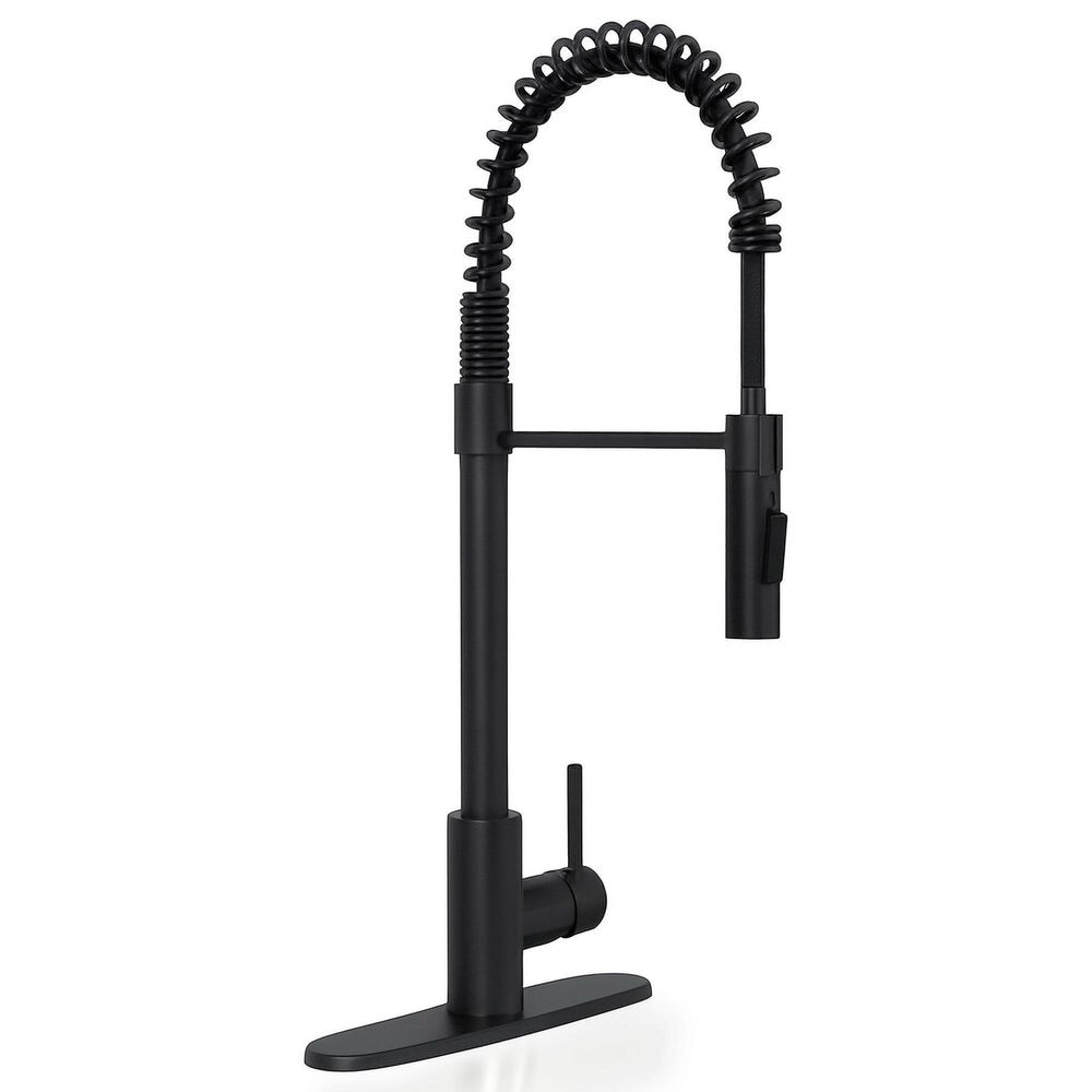 MS International AcquaLuxe Curved Pull-Down Sprayer Kitchen Sink Faucet with Deckplate in Matte Black, , large