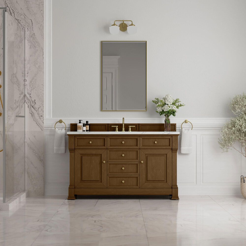 James Martin Vanities Brookfield 60" Single Bathroom Vanity in Honey Oak with 3 cm Ethereal Noctis Quartz Top and Rectangular Sink, , large