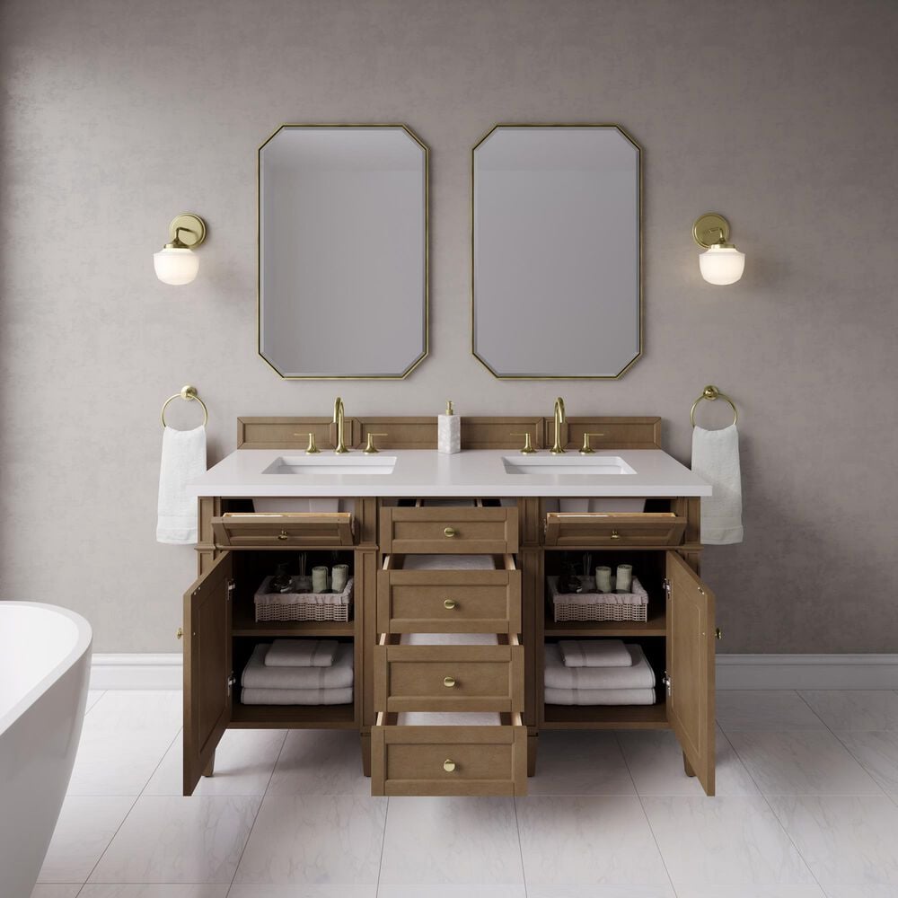 James Martin Brittany 60" Double Bathroom Vanity in Pecan with 3 cm White Zeus Silestone Top and Rectangular Sinks, , large