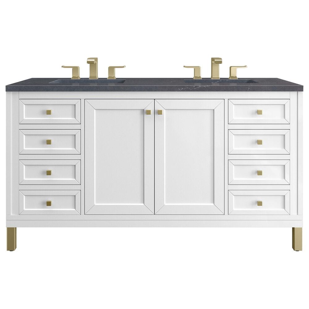 James Martin Vanities Chicago 60" Double Bathroom Vanity in Glossy White with 3 cm Charcoal Soapstone Quartz Top and Rectangular Sinks, , large