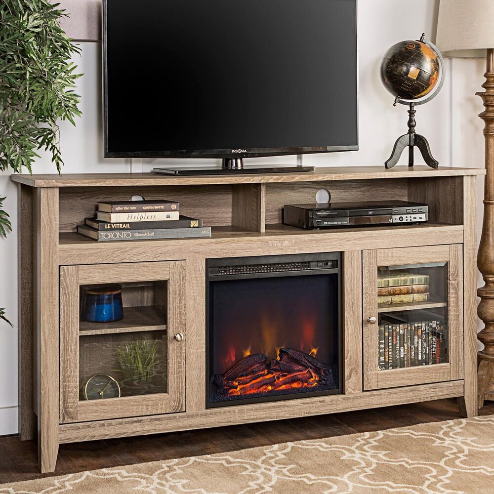 Walker Edison Wasatch 58&quot; Fireplace Glass Wood TV Stand in Driftwood, , large