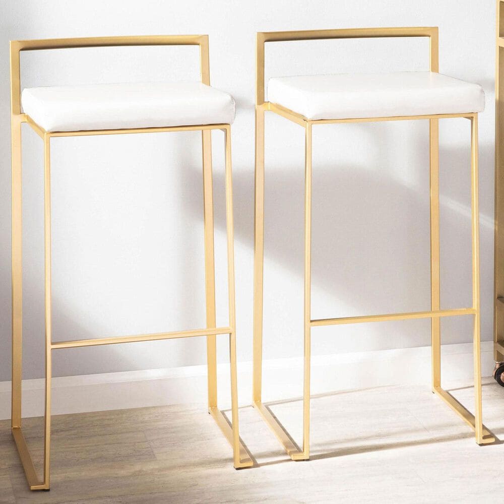 Lumisource Fuji Stackable Barstool with White Faux Leather in Gold &#40;Set of 2&#41;, , large