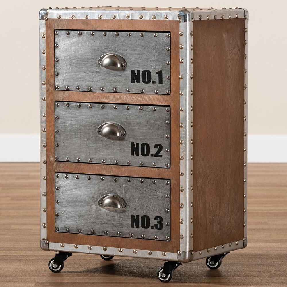 Baxton Studio Avere 3 Drawer Rolling Nightstand in Sliver/Golden Oak, , large