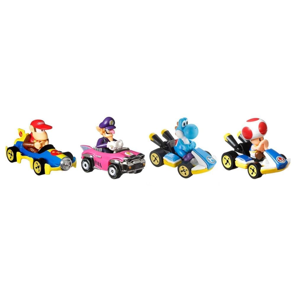 Hot Wheels Mario Kart Toy Character Vehicle 4-Pack - Diddy Kong, Waluigi, Blue Yoshi, Toad, , large