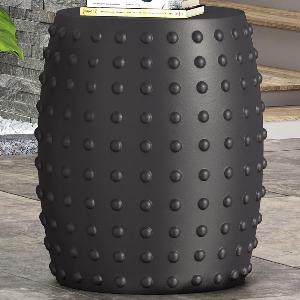 Hearth and Haven Outdoor Barrel Side Table with Studded Texture Design in Matte Black, , large