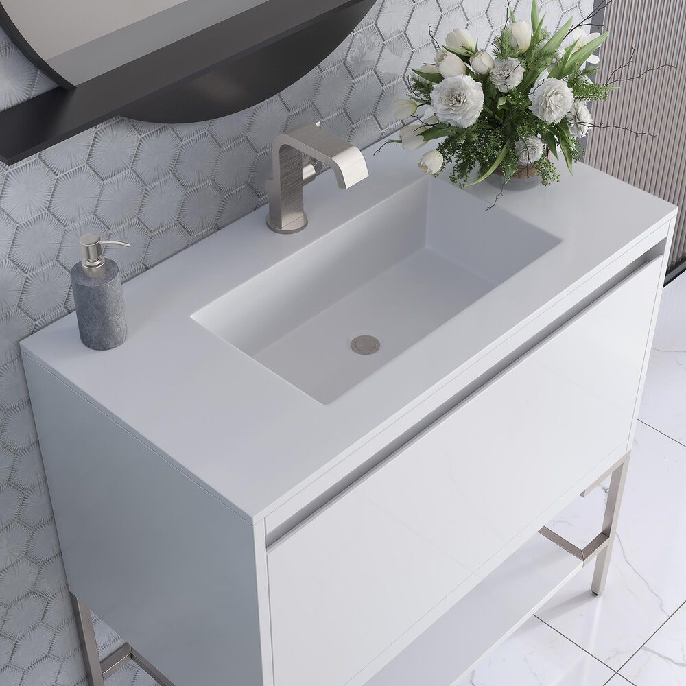 James Martin Vanities Mantova 35.4&quot; Single Bathroom Vanity in Glossy White and Brushed Nickel with 2 cm Glossy White Solid Surface Top and Rectangular Sink, , large