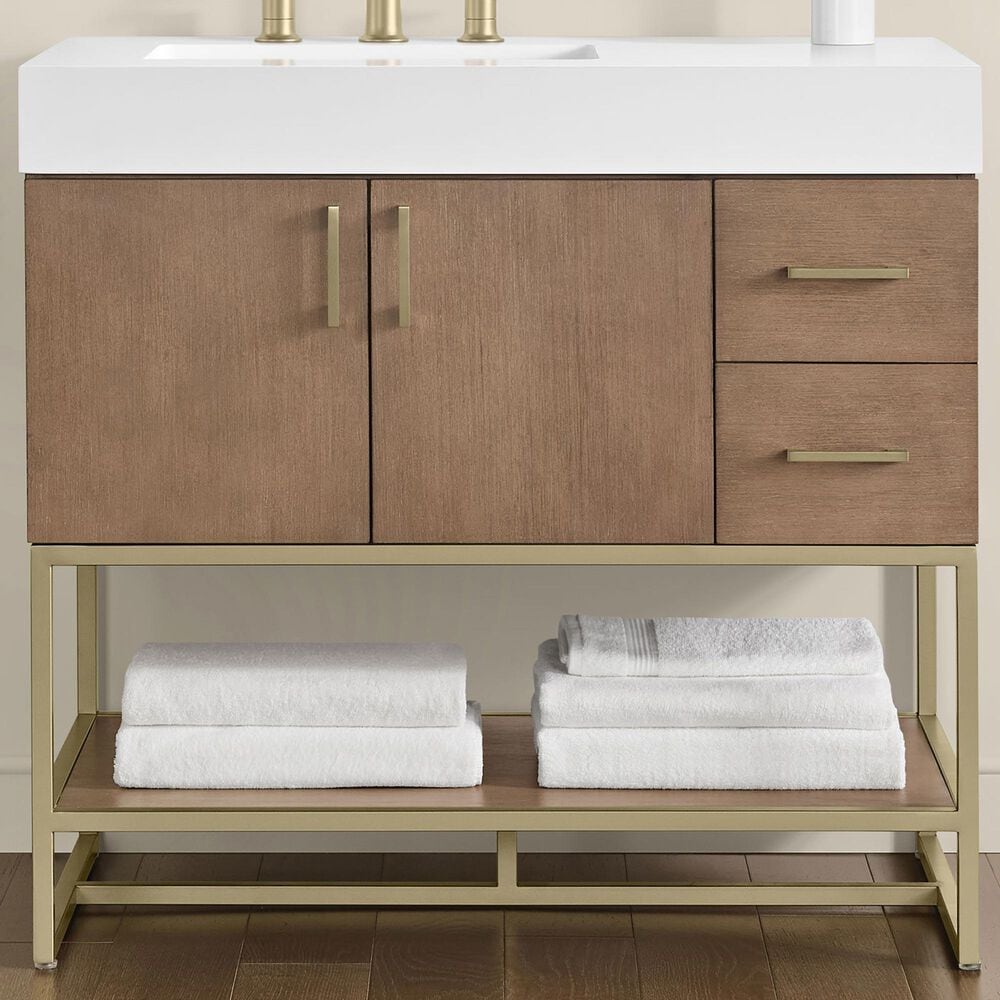 37B Mauri 36" Single Bathroom Vanity with Metal Base in Walnut Drift with High-Profile 4" White Composite Stone Top, , large