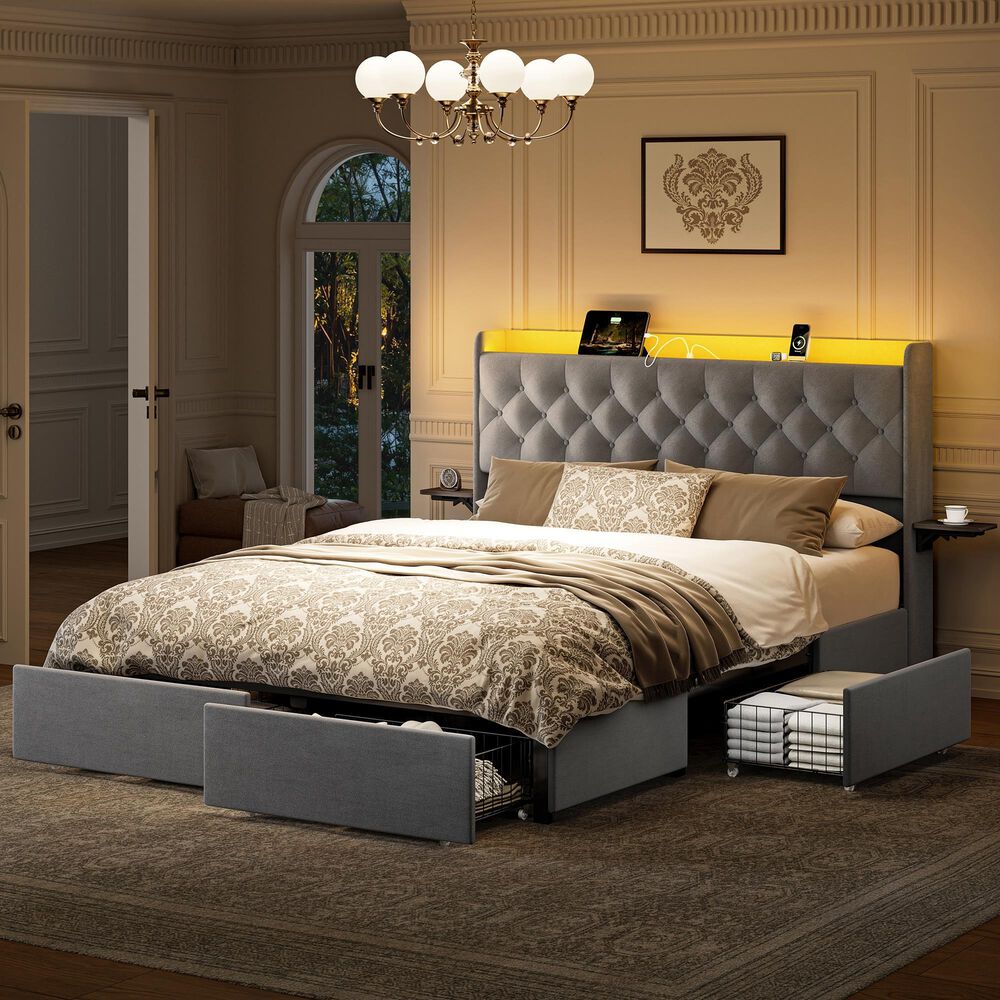 HOMLUX Full Upholstered Platform Storage Bed with Headboard Shelf and USB Charging Station in Gray, , large