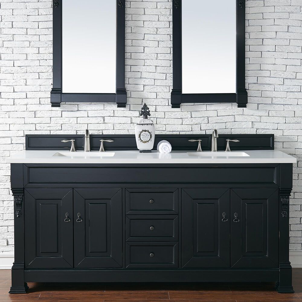 James Martin Vanities Brookfield 72" Double Bathroom Vanity in Antique Black with 3 cm White Zeus Quartz Top and Rectangular Sinks, , large