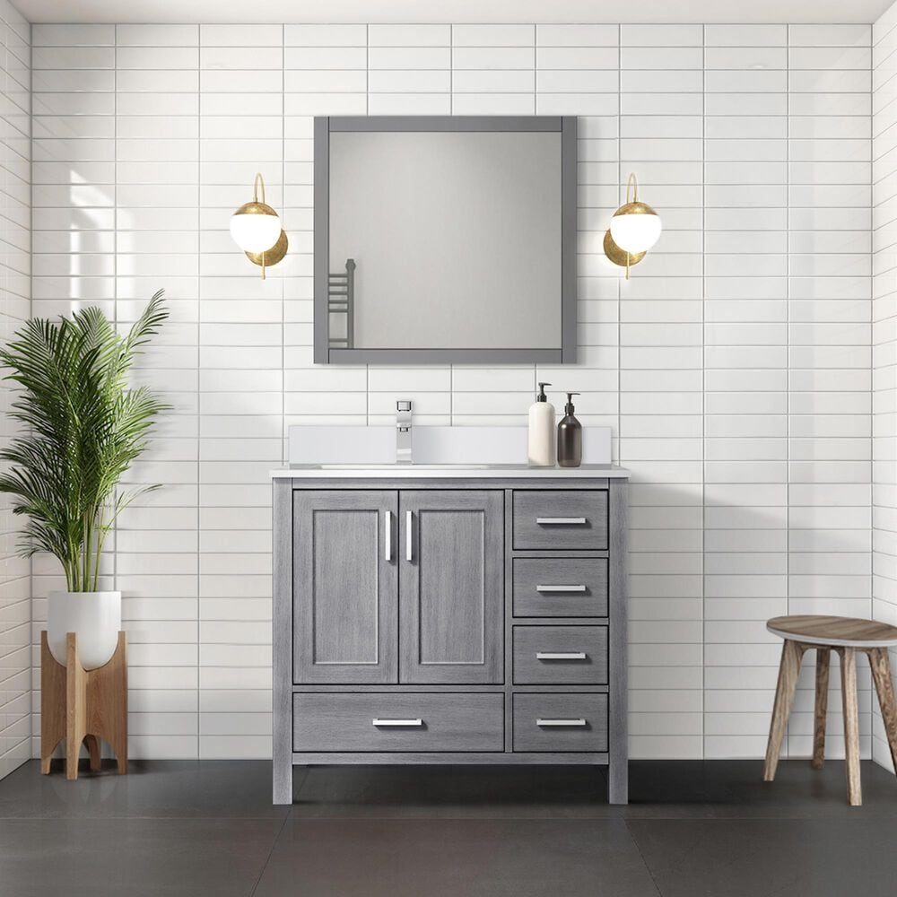 Lexora Home Jacques 36&quot; Left Offset Single Bathroom Vanity in Distressed Grey with 2 cm White Cultured Marble Top and Rectangular Sink, , large