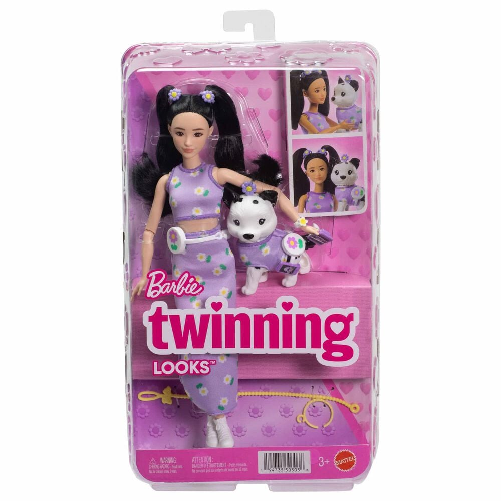 Barbie Twinning Looks Fashion Doll with Pet Dog and Accessories in Purple, , large