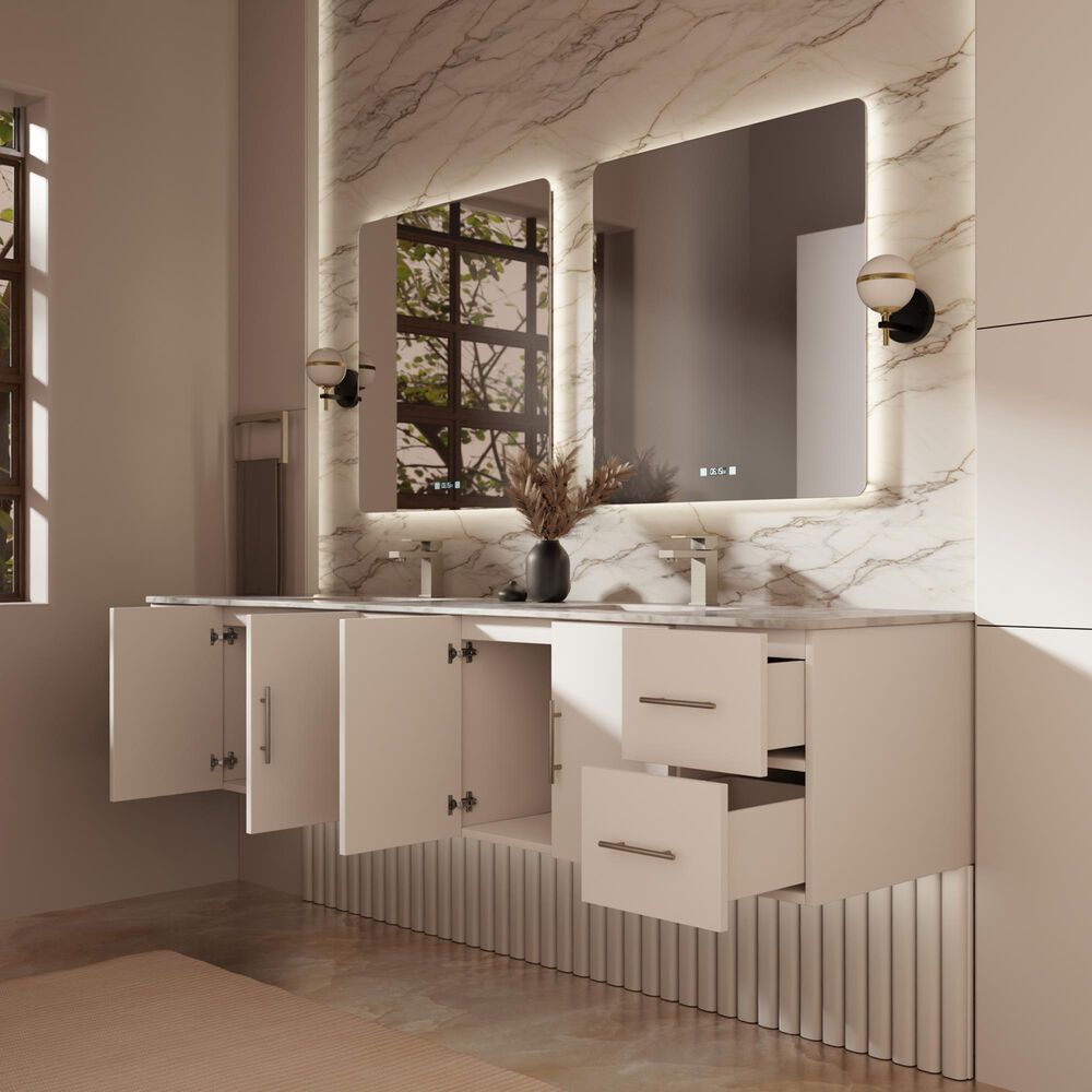 Lexora Home Geneva 84" Double Bathroom Vanity in Glossy White with 2 cm White Carrara Marble Top and Rectangular Sinks, , large