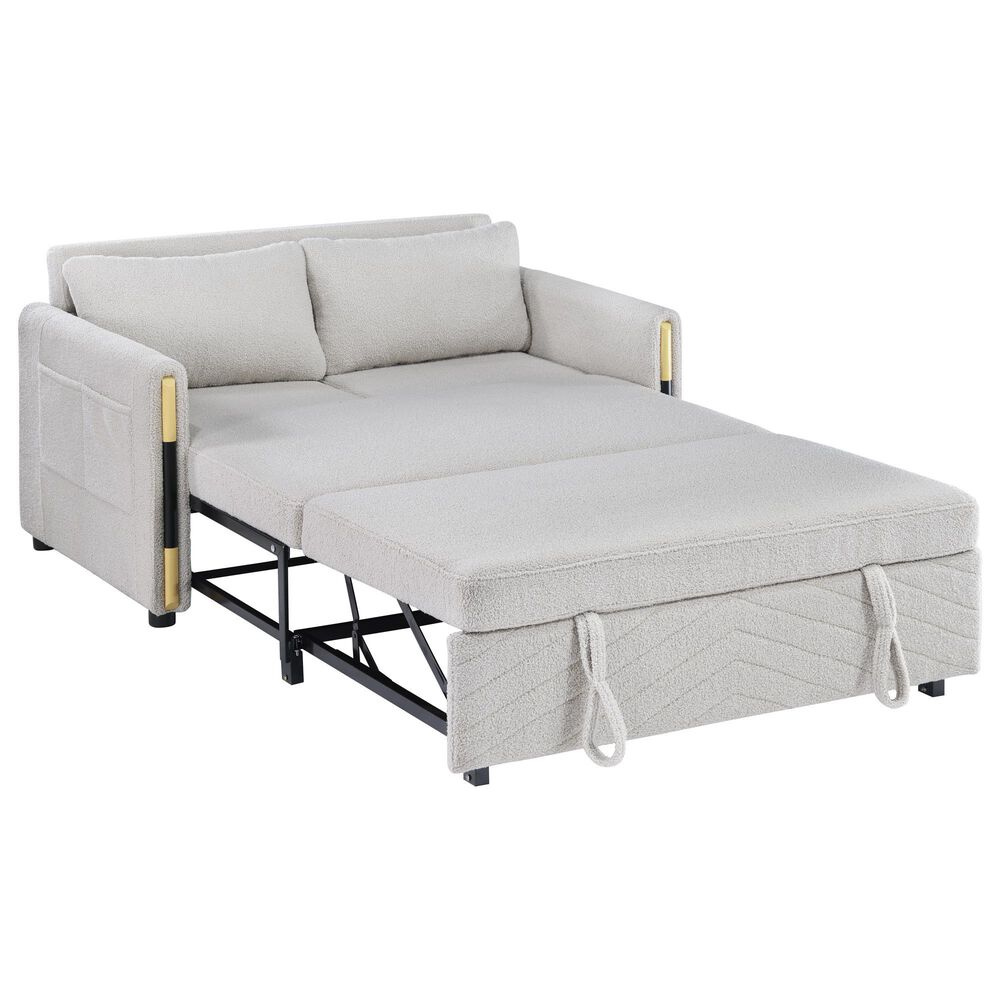 HOMLUX 55.5" Stationary Teddy Dual-Pull Sleeper Loveseat with Side Pockets in Beige Velvet, , large