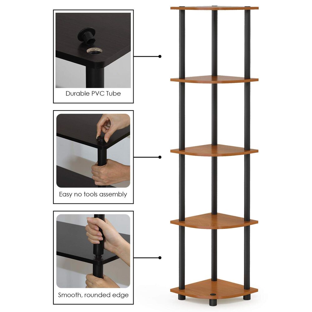 HOMLUX 5-Tier Modern Tall Corner Open Bookshelf in Light Cherry and Black, , large