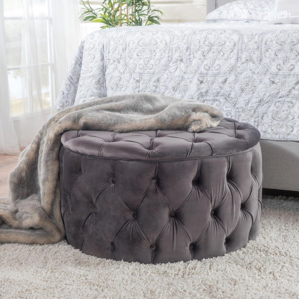 Noble House Aaden Tufted Ottoman in Gray Velvet, , large