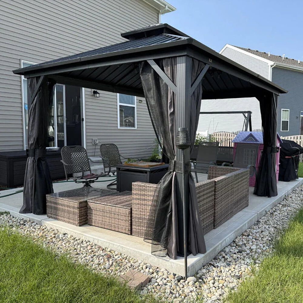 HOMLUX 10' x 12' Outdoor Hardtop Gazebo with Galvanized Steel Roof, Netting, and Curtains Gray, , large