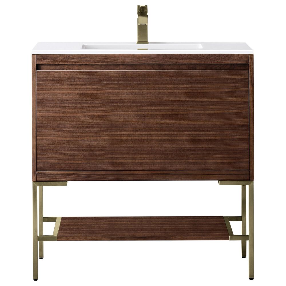 James Martin Vanities Mantova 35.4" Single Vanity in Mid-Century Walnut and Champagne Brass with 3 cm Glossy White Composite Stone Top and Rectangular Sink, , large
