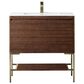 James Martin Vanities Mantova 35.4" Single Vanity in Mid-Century Walnut and Champagne Brass with 3 cm Glossy White Composite Stone Top and Rectangular Sink, , large