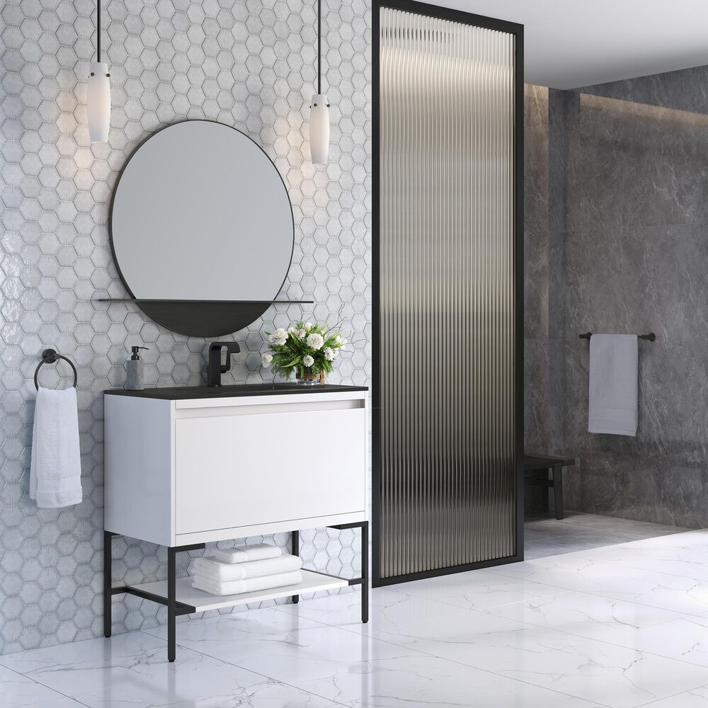 James Martin Mantova 35.4&quot; Single Bathroom Vanity in Glossy White and Matte Black with 2 cm Charcoal Black Resin Countertop and Rectangular Sink, , large