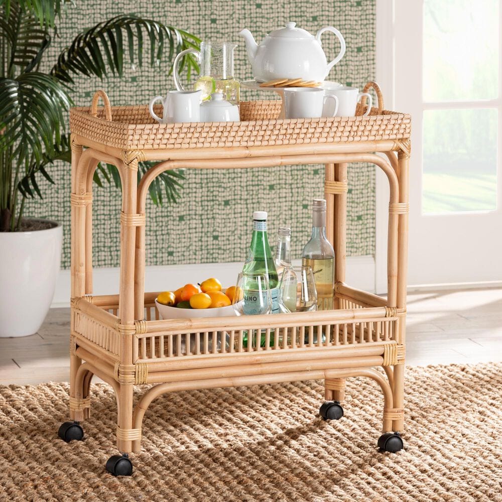 Baxton Studio Lombok Rattan Wine Cart in Natural Brown, , large