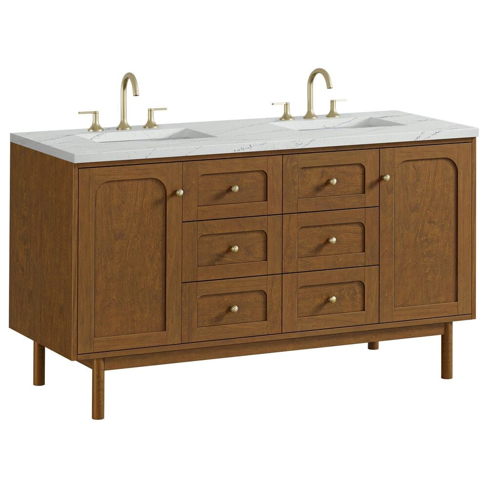 James Martin Laurent 60" Double Bathroom Vanity in Honey Oak with 3 cm Ethereal Noctis Silestone Top and Rectangular Sinks, , large