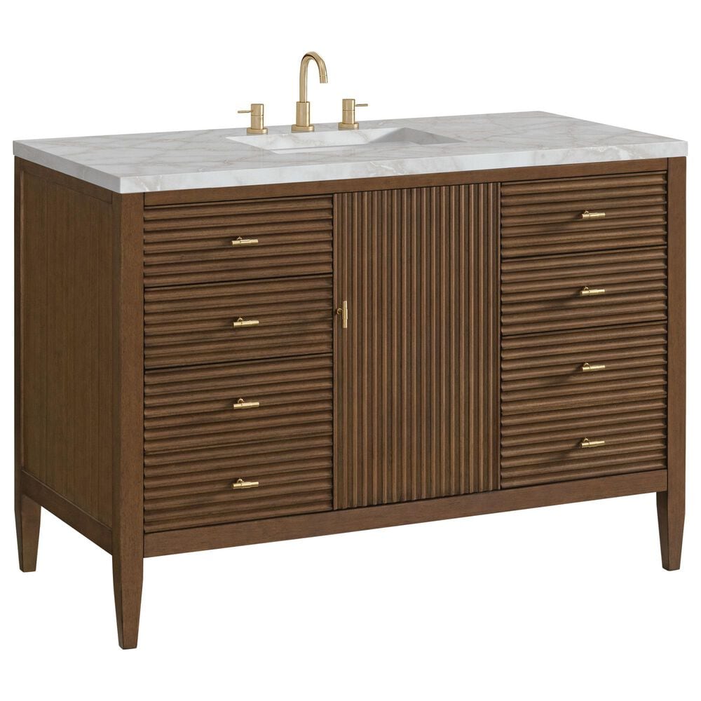 James Martin Vanities Myrrin 48" Single Bathroom Vanity in Mid-Century Walnut with 3 cm Eternal Jasmine Pearl Silestone Top, Rectangular Sink and FreePower Wireless Charger, , large