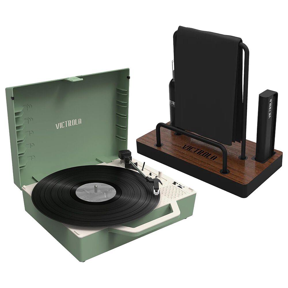 Victrola Re-Spin Sustainable Bluetooth Suitcase Record Player and Cleaning Kit in Green, , large
