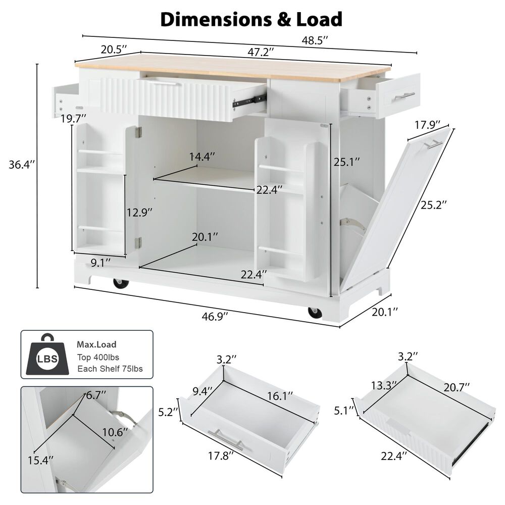 HOMLUX 49" Kitchen Island with Trash Can Storage Cabinet in White, , large