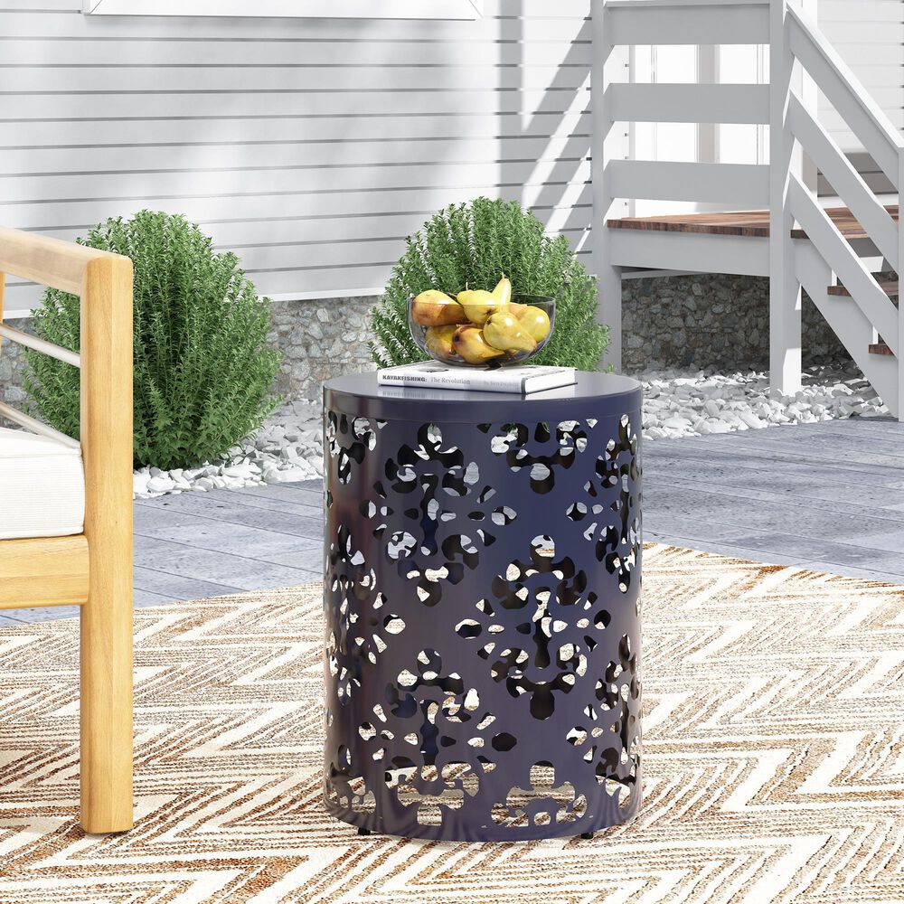Hearth and Haven Outdoor End Table with Floral Pattern in Navy Blue, , large