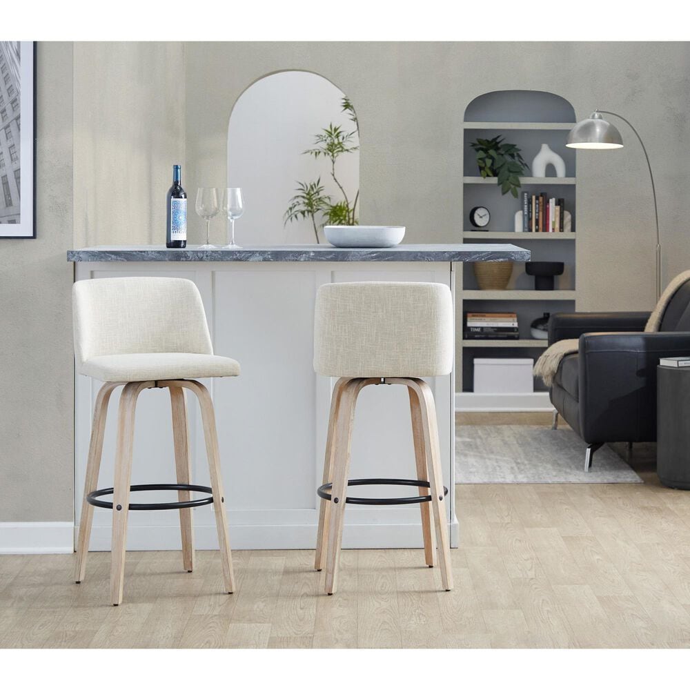LumiSource Toriano Swivel Bar Stool with Cream Fabric Upholstery in Whitewashed and Black (Set of 2), , large