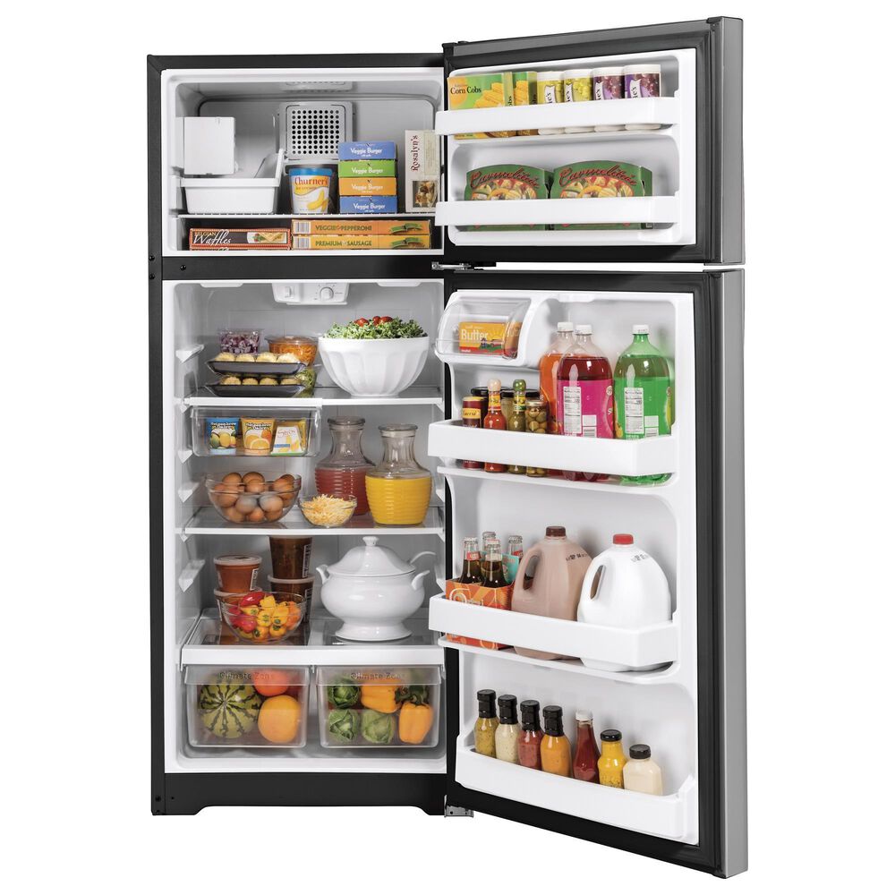GE Appliances 17.5 Cu. Ft. Top Freezer Refrigerator with Edge-to-Edge Glass Shelves in Stainless Steel, , large
