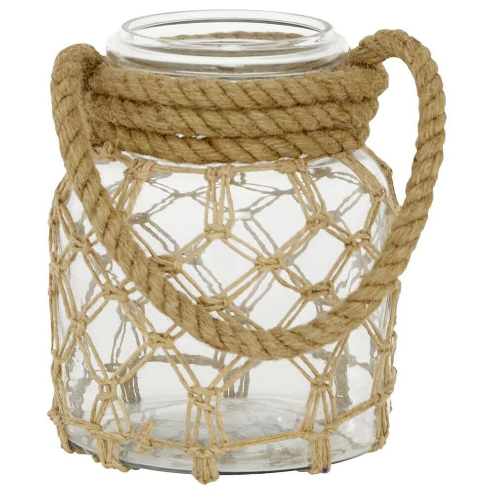 Maple and Jade 9&quot; Decorative Indoor/Outdoor Candle Lantern with Rope Handle in Clear and Brown, , large