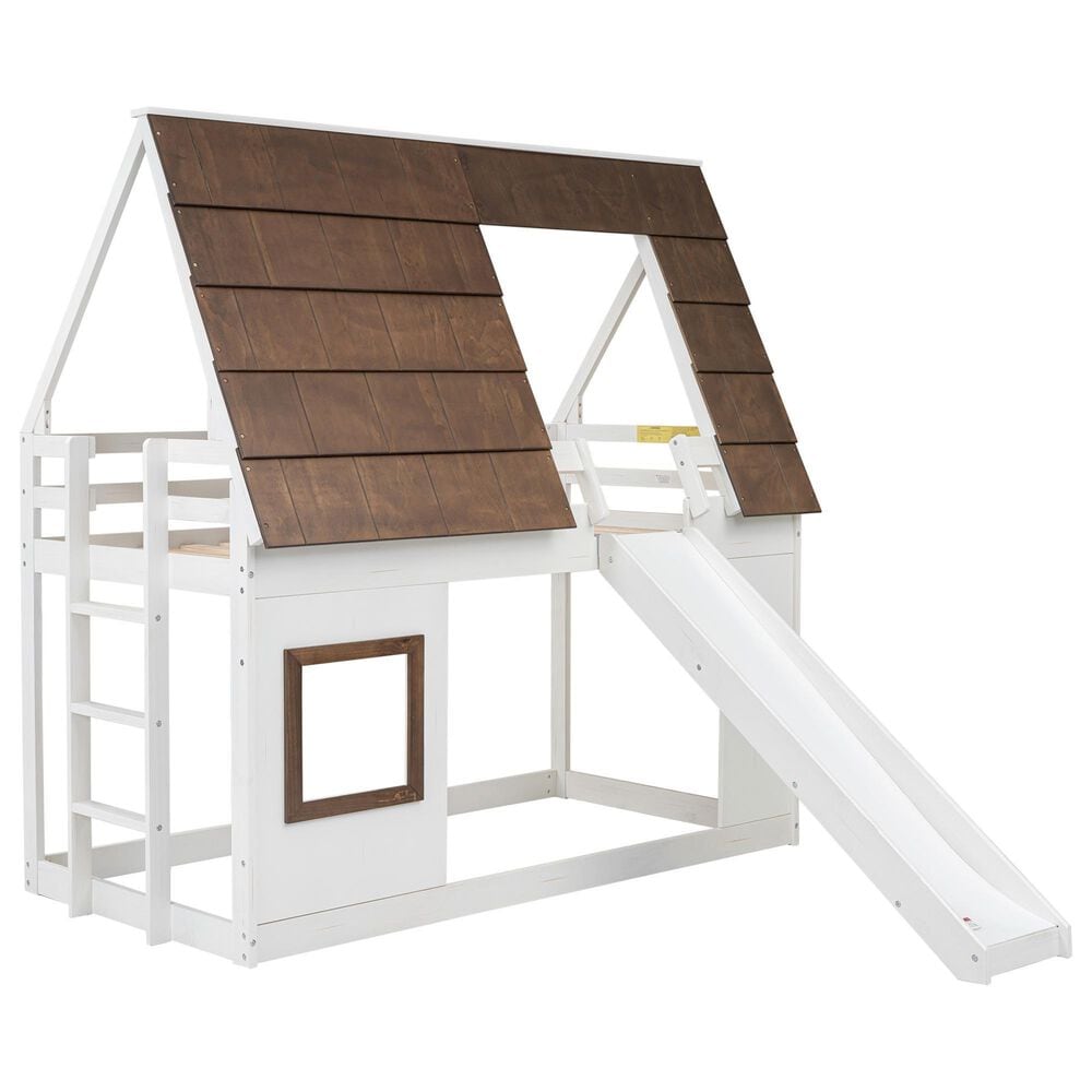 Hearth and Haven Twin over Twin House Bunk Bed with Roof in White and Brown, , large