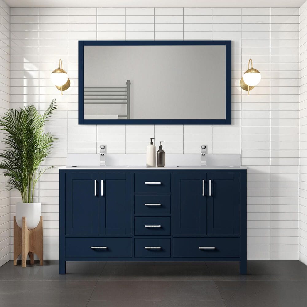 Lexora Home Jacques 60&quot; Double Bathroom Vanity in Navy Blue with 2 cm White Cultured Marble Top and Rectangular Sinks, , large