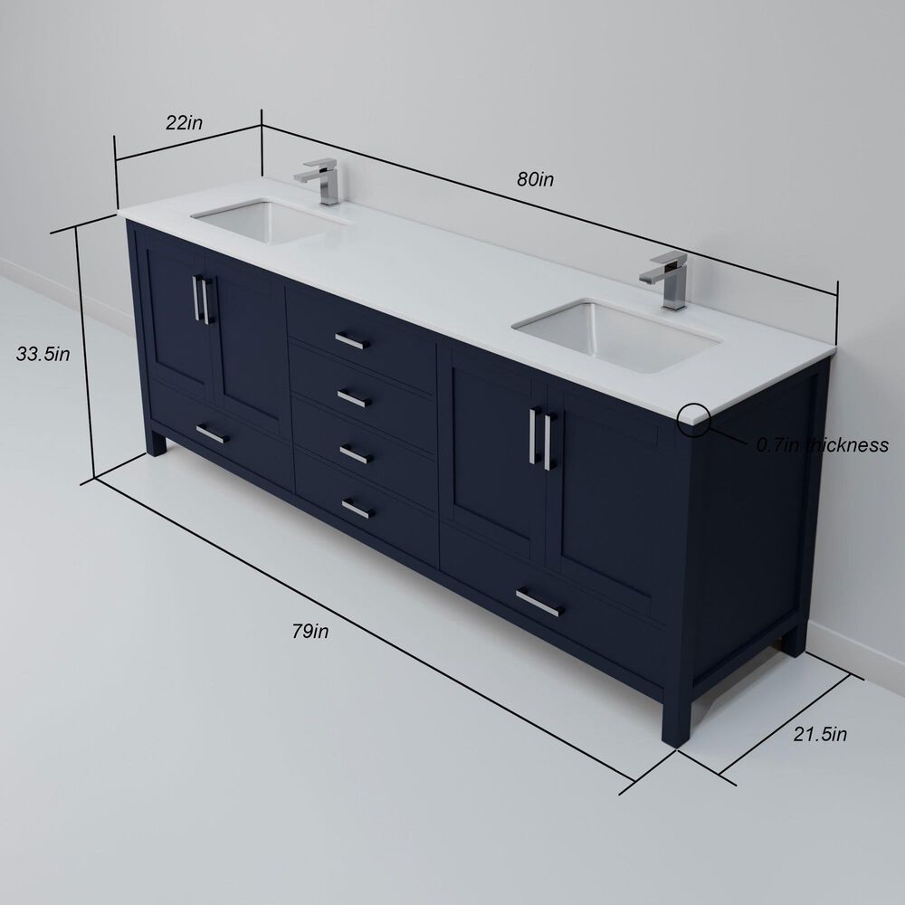 Lexora Home Jacques 80&quot; Double Bathroom Vanity in Navy Blue with 2 cm White Quartz Top and Rectangular Sinks, , large