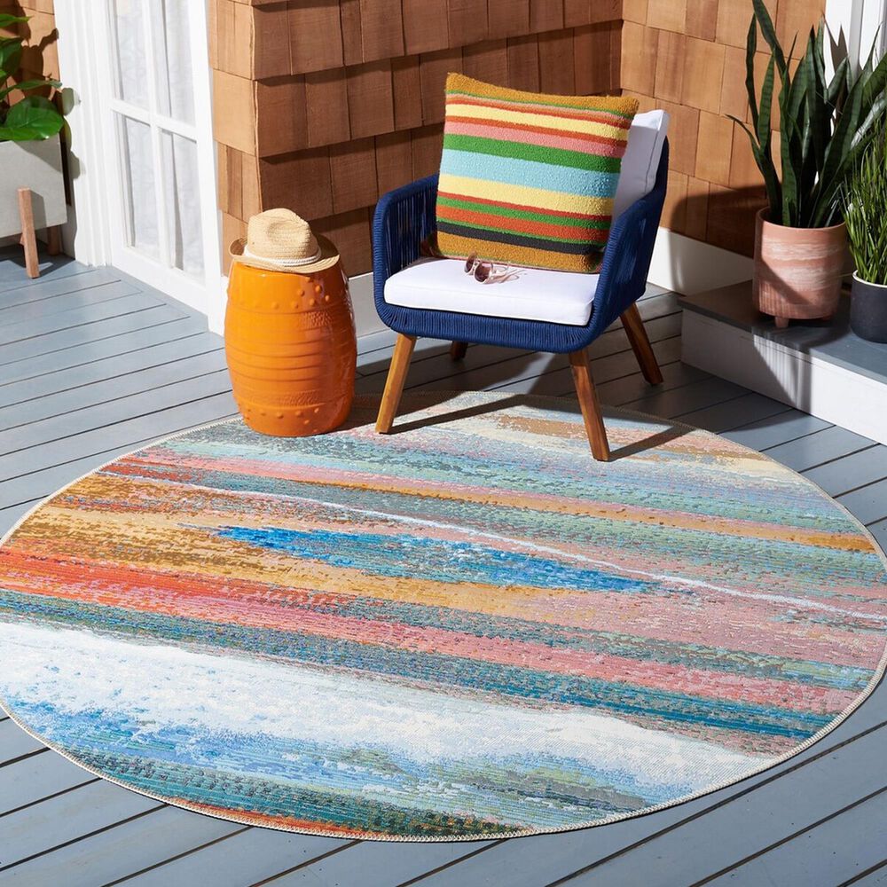 Safavieh Barbados Abstract Sunset 8&#39; Round Light Blue and Pink Indoor/Outdoor Area Rug, , large