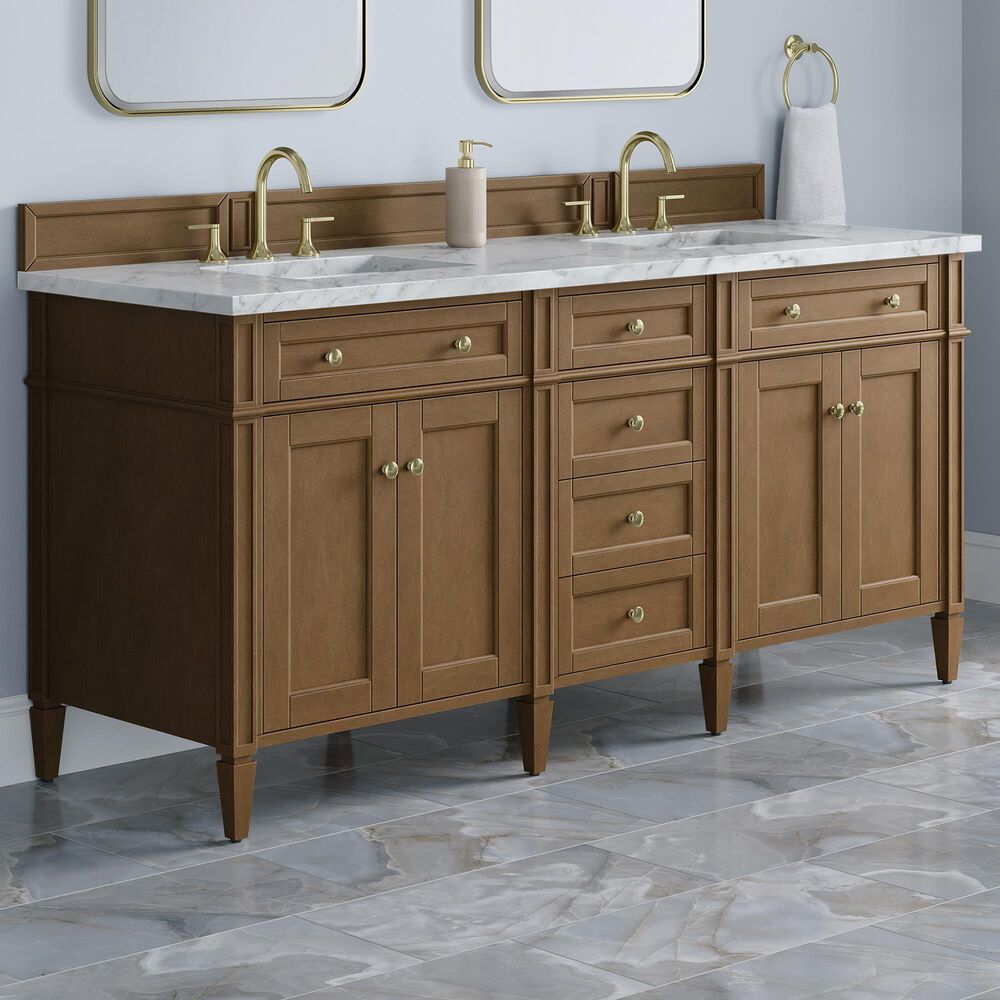 James Martin Brittany 72" Double Bathroom Vanity in Pecan with 3 cm Carrara Marble Top and Rectangular Sinks, , large